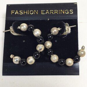 Women's Stunning Black and Light Gray Beaded Half Hook Earrings, Silver tone